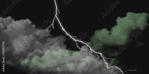 Fork lightning striking down during summer storm. Lightning, thunder cloud dark cloudy sky.