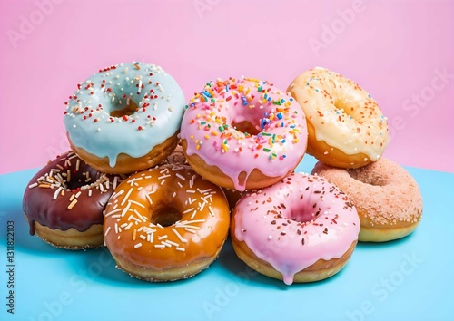 Playful Donut Display with Pink and Blue Background