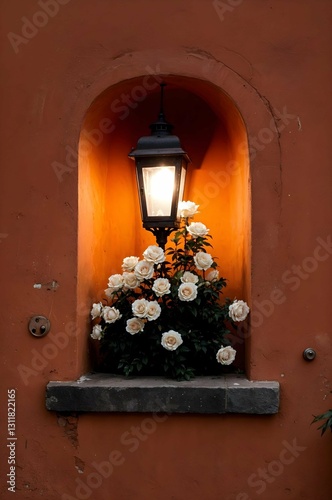 Romantic Scene with White Roses and a Glowing Lantern