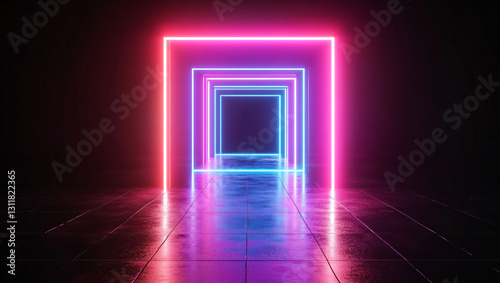 Abstract 3D glowing neon square frame with vibrant reflections and motion blur on black tech backdrop, illuminated corridor concept for digital design templates and corporate branding. Adobe Stock log