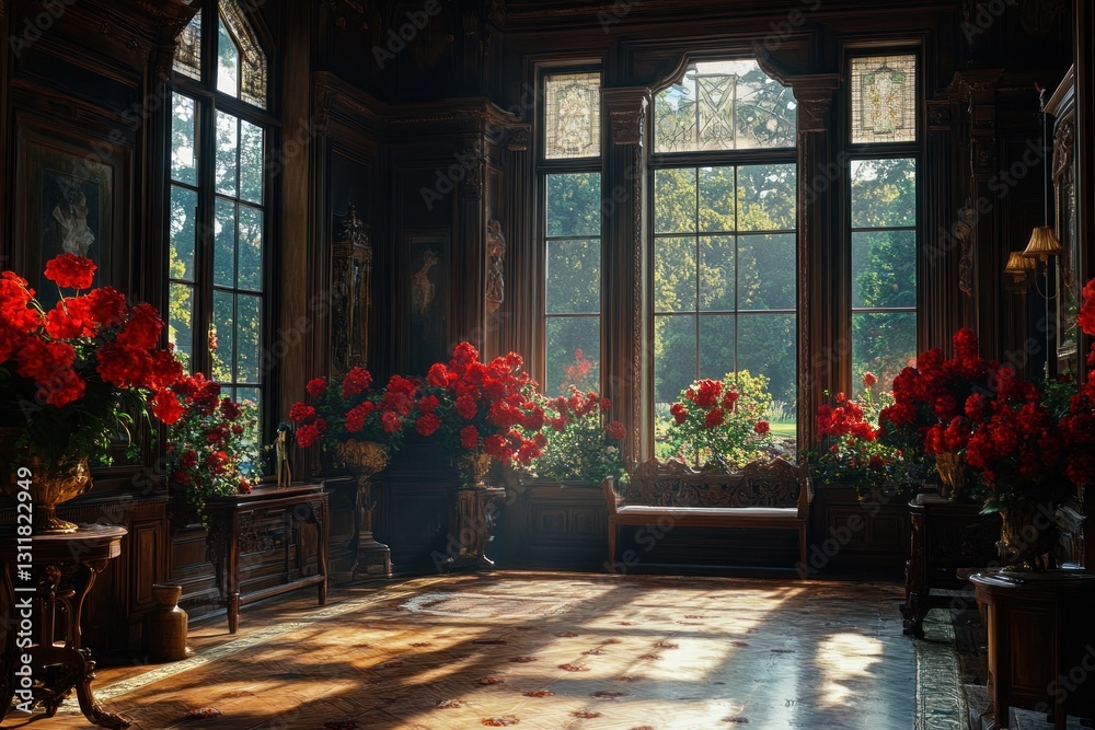 Obraz premium Sunlit grand room with red flowers, antique furniture, and large windows.