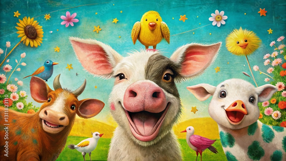 Obraz premium Whimsical Farm Animals: Playful Illustrations & Typography - Stock Photo