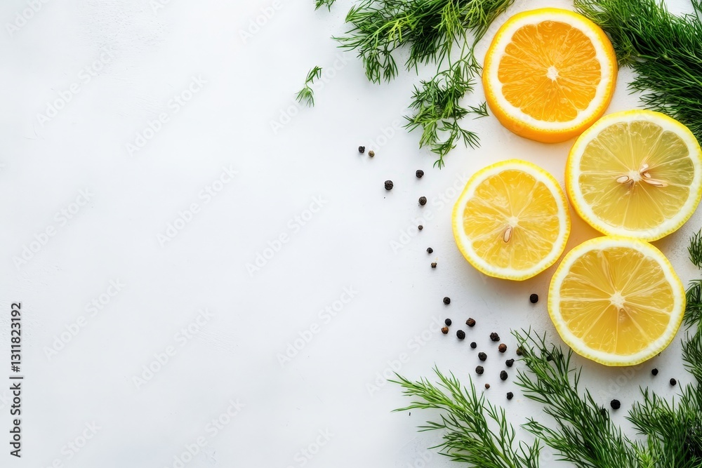 Sliced citrus fruits with fresh green herbs on white surface Sliced citrus fruits with fresh green herbs on white surface