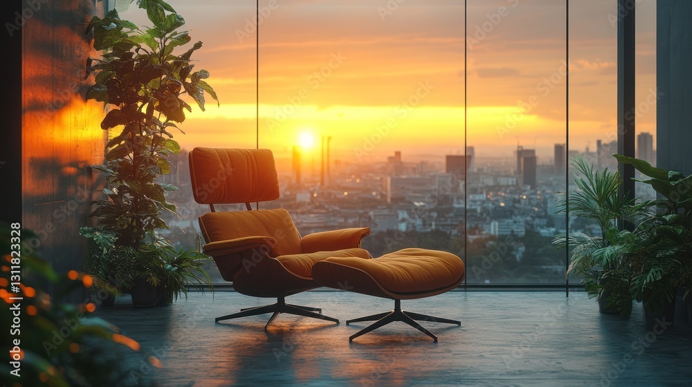 Fototapeta premium Urban jungle loft with a Scandinavian armchair, lush indoor plants, glass walls showcasing a panoramic city sunset
