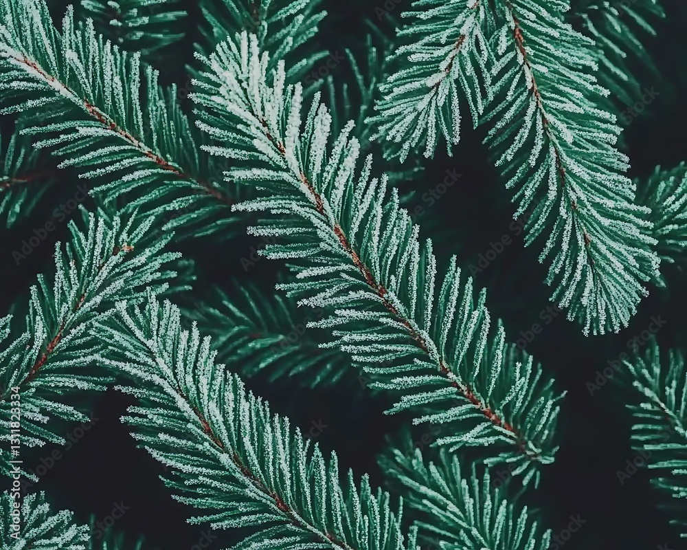 Close up of frosted pine tree branches showing needle details Close up of frosted pine tree branches showing needle details