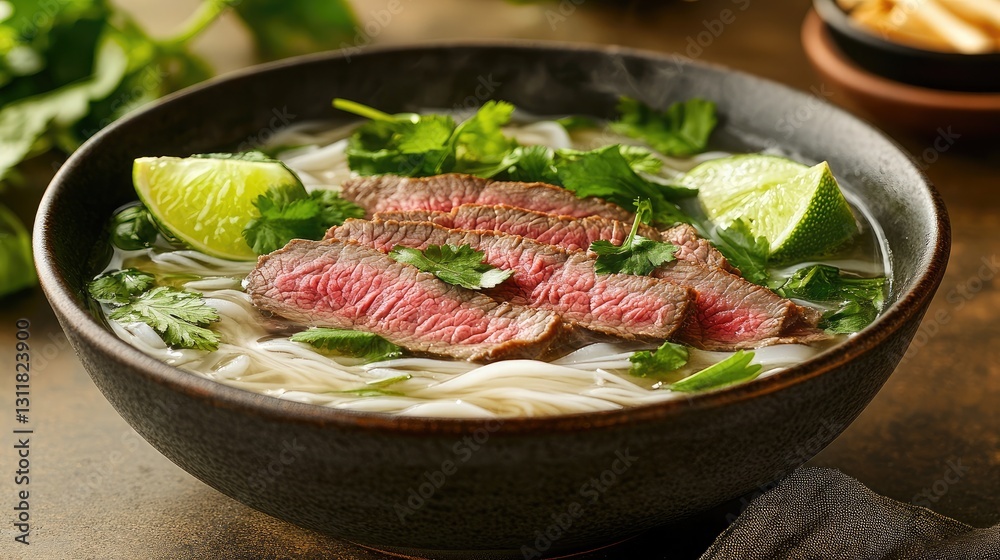 A steaming bowl of pho with sliced beef, rice noodles, fresh herbs, and lime wedges. A steaming bowl of pho with sliced beef, rice noodles, fresh herbs, and lime wedges.