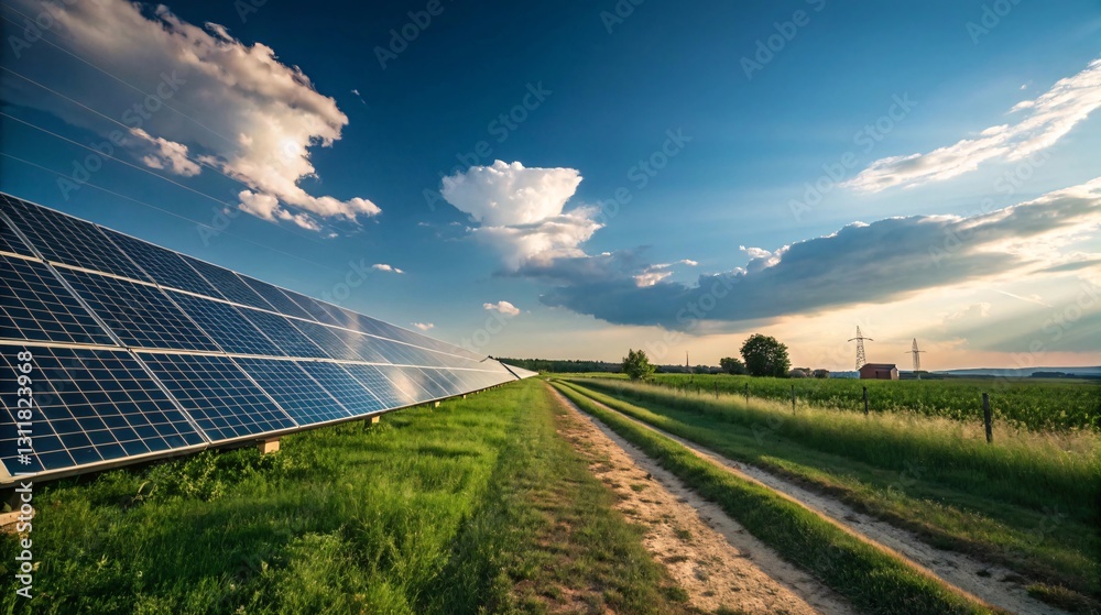 Fototapeta premium Solar Panels in Green Field Under Blue Sky with Puffy Clouds V5