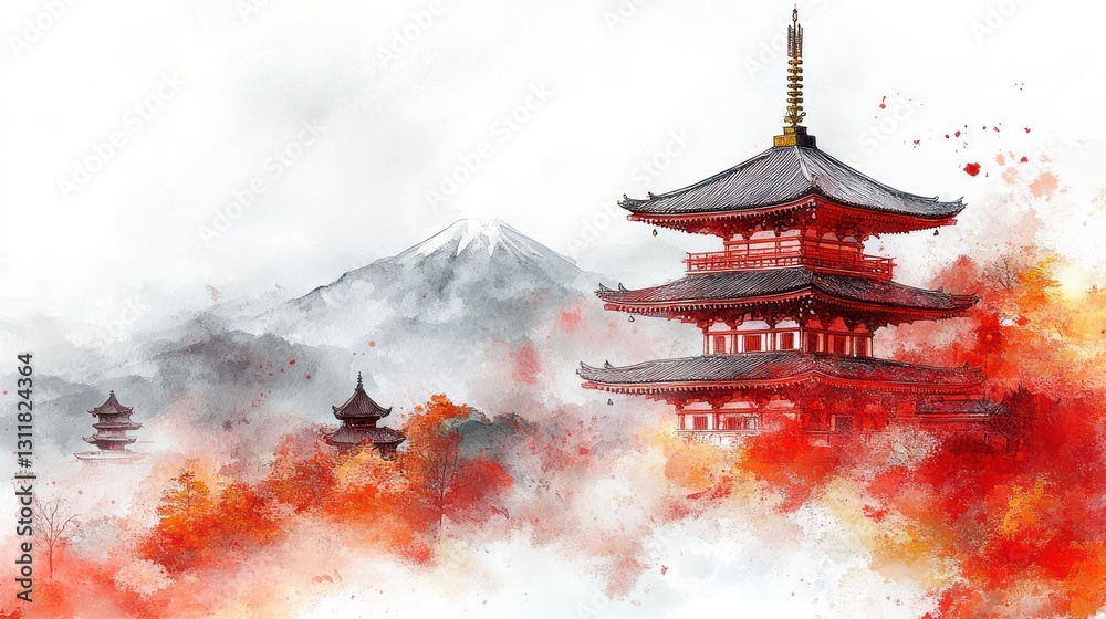 Obraz premium Vibrant watercolor Japanese pagoda with detailed red and gold accents, white background