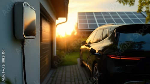 Black and white glossy sleek AC wall charger with thick cable in focus, electric vehicle charging by garage, solar panels in background, sunrise, Germany