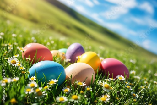 Bunte Ostereier liegen im grünen Gras, umgeben von Gänseblümchen und Löwenzahn. Weiches Morgenlicht und ein leicht verschwommener Hintergrund mit Hügeln und blauem Himmel.