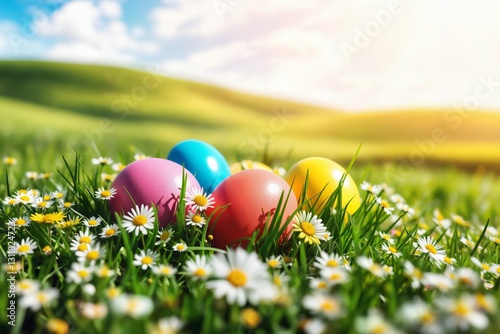 Bunte Ostereier liegen im grünen Gras, umgeben von Gänseblümchen und Löwenzahn. Weiches Morgenlicht und ein leicht verschwommener Hintergrund mit Hügeln und blauem Himmel.