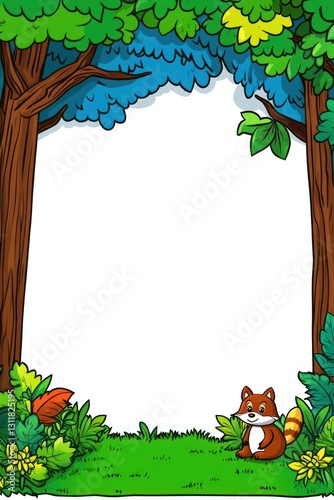 Raccoon sitting in cartoon forest clearing with tree frame and lush green foliage background