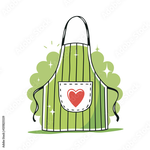 Vector stylized illustration of a green striped apron with a heart pocket. Modern, charming, and cozy design.