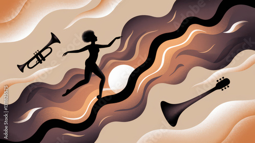 Silhouette Dance and Musical Instruments Illustration with Abstract Flowing Lines and Vibrant Colors
