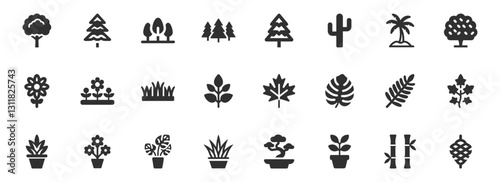 Plant, tree icon set. Vector glyph pictograms of leaf, cactus, bamboo, bonsai, nature, ecology, and landscaping concept, monstera maple black silhouette illustration.
