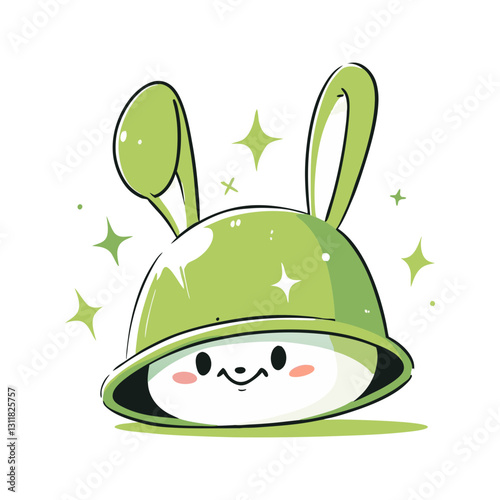 Minimalist vector illustration of a cute character with a bunny-eared helmet, symbolizing playfulness, fun, and creativity. Adorable and whimsical design.
