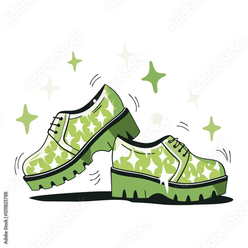 Minimalist vector illustration of stylish platform shoes with a bold pattern and sparkles, symbolizing trendy fashion, uniqueness, and statement footwear.