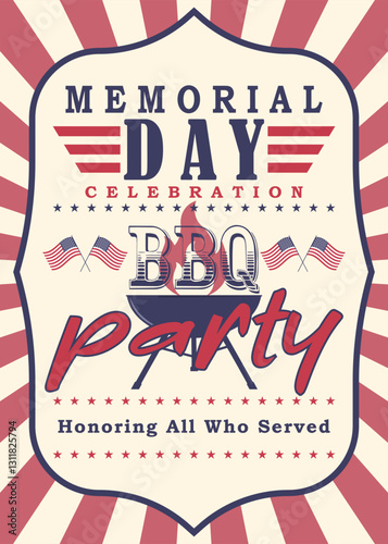Memorial Day barbecue party flyer, greeting card, invitation template. Memorial Day BBQ party background. Vector illustration.