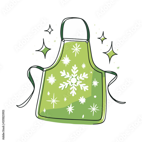 Vector stylized illustration of a green apron with a festive snowflake design. Modern, seasonal, and decorative design.
