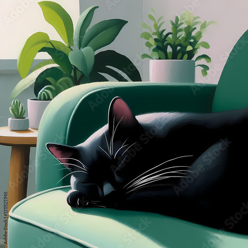 Cozy Black Cat Napping on a Green Couch