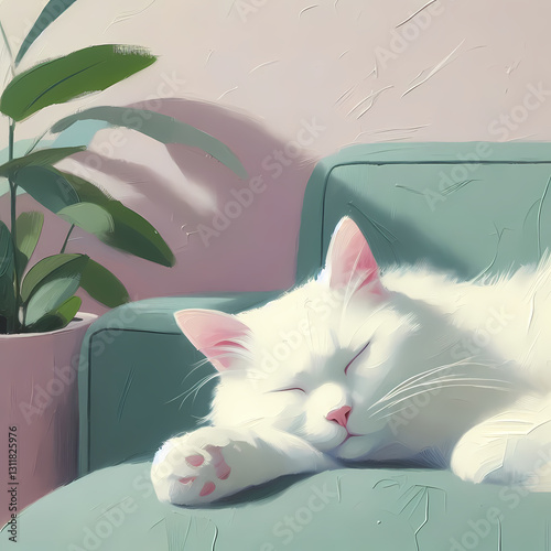 Elegant White Cat Resting in Sunligh