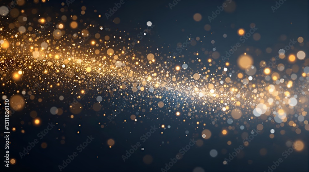 Naklejka premium Golden Glitter and Light Particles on Dark Blue Background