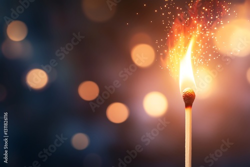 Lit Match Igniting with Sparks Against Bokeh Background Lights