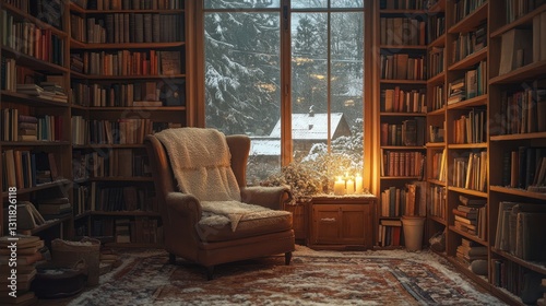 Warm and cozy vintage chair in a candlelit study, wooden bookshelves, massive window showing a snowy village outside