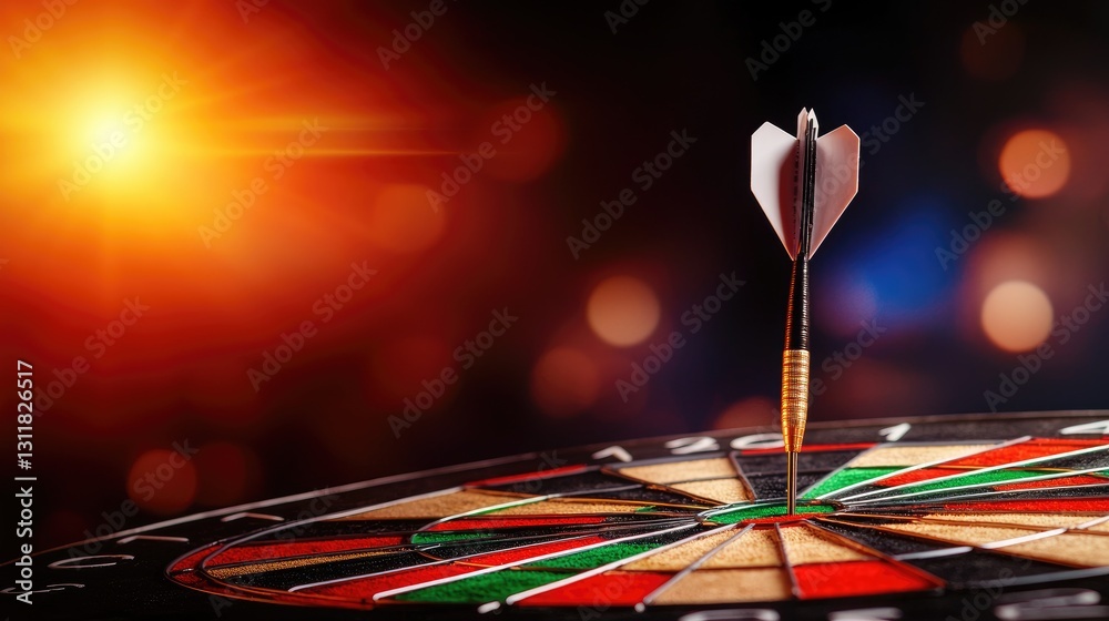 Dart hitting bullseye arcade game digital artwork illuminated environment close-up view precision challenge Dart hitting bullseye arcade game digital artwork illuminated environment close-up view precision challenge