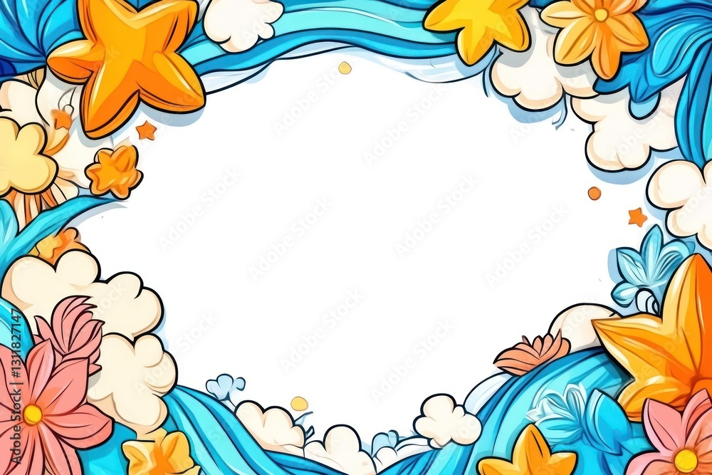 Summer frame with wavy water, starfish, & flowers. Clouds in background offer place for text Summer frame with wavy water, starfish, & flowers. Clouds in background offer place for text