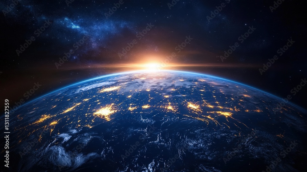 Obraz premium A breathtaking close-up of Earth’s textured surface bathed in sunlight. Swirling clouds and vibrant landmasses are framed by an expansive, starlit cosmos