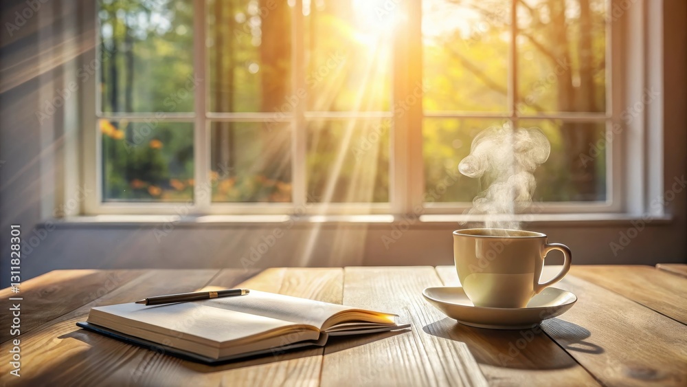 A Serene Morning Warm Beverage, Open Notebook, and Sunlight Streaming Through a Window A Serene Morning Warm Beverage, Open Notebook, and Sunlight Streaming Through a Window