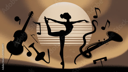 Silhouette of Ballet Dancer with Musical Notes at Dusk