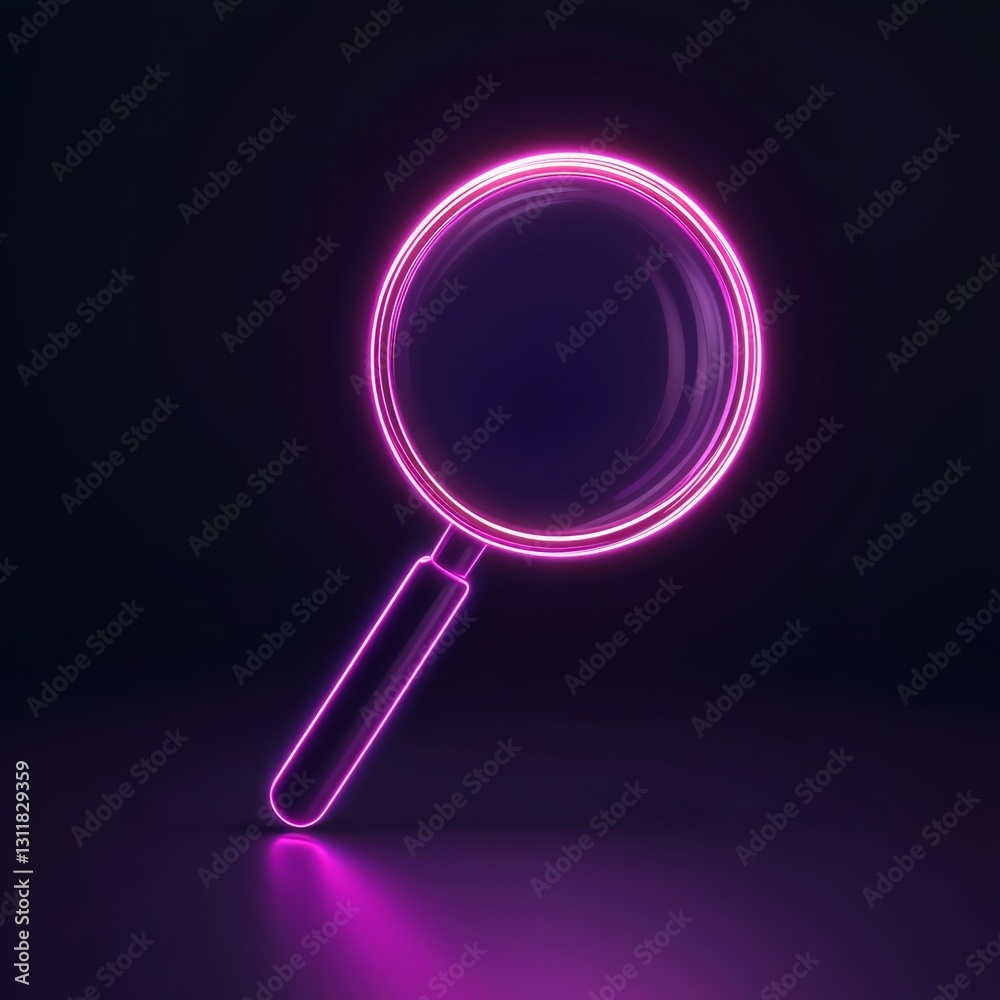Glowing Neon Magnifying Glass in Purple 3D Style on Dark Background Glowing Neon Magnifying Glass in Purple 3D Style on Dark Background