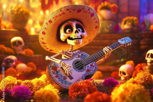 Animated Skeleton Plays Guitar Celebrating Day of the Dead Fiesta