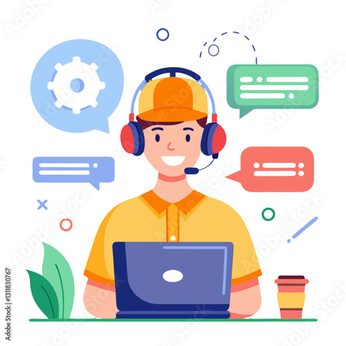 A technician is assisting customers remotely by chat. They are wearing headphones and a cap, happily engaging in problem-solving while seated at a desk with a laptop and a coffee cup
