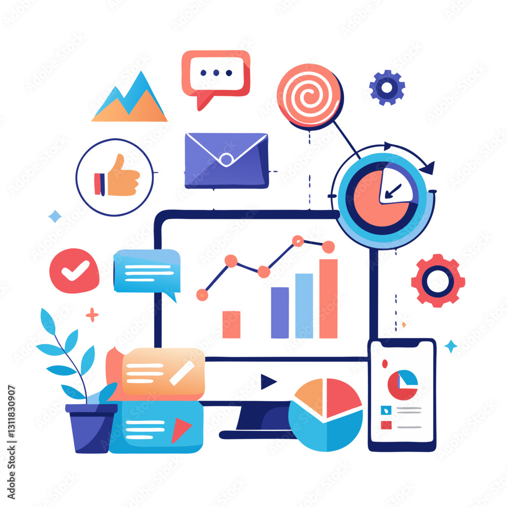 Data visualizations depict various metrics related to customer engagement, showcasing charts, graphs, and communication tools, highlighting insights for better marketing strategies Data visualizations depict various metrics related to customer engagement, showcasing charts, graphs, and communication tools, highlighting insights for better marketing strategies