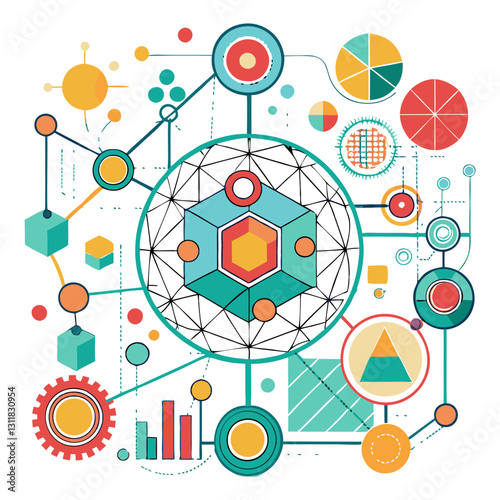 Visually striking patterns and graphs exhibit dynamic relationships among data points, emphasizing complex connections and analytical insights through vibrant colors and shapes