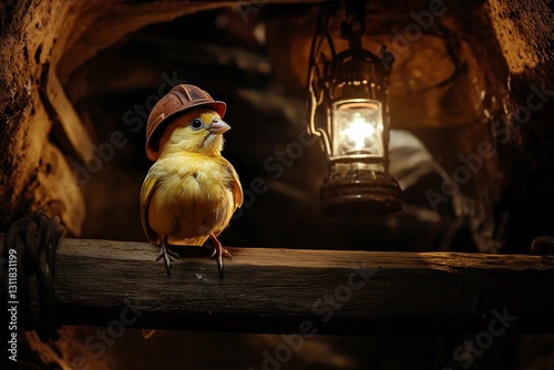 Canary miner perched on wood beam wearing a tiny construction helmet