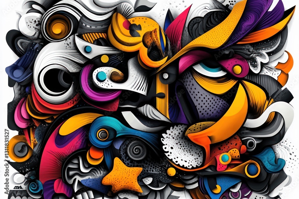 Vivid abstract swirls, lines, and shapes collide in a dynamic composition against a white backdrop Vivid abstract swirls, lines, and shapes collide in a dynamic composition against a white backdrop