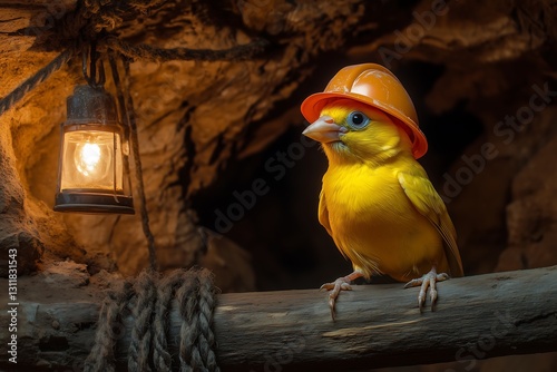 Canary miner perched wearing hard hat in underground mine setting