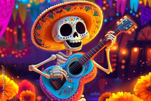Cartoon Skeleton Mariachi Plays Guitar for Day of the Dead Celebration