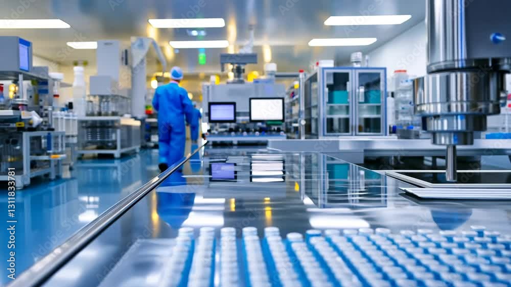 Cutting-edge pharmaceutical plant featuring advanced robotics and stringent cleanroom protocols. Cutting-edge pharmaceutical plant featuring advanced robotics and stringent cleanroom protocols.