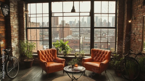 Industrial loft with city view, comfortable seating area, suitable for relaxation and inspiration
