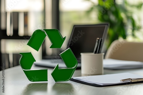 Green Recycle Symbol on Desk with Laptop for Environmental Awareness