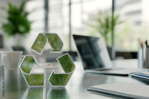 Green recycle symbol sitting on desk in office, promoting sustainability