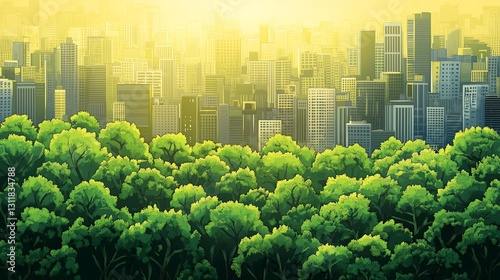 Green urban oasis with city skyline in the background at sunrise