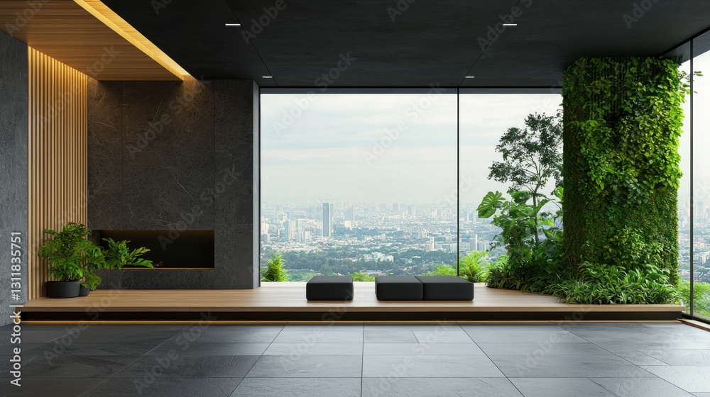 Fototapeta premium futuristic home interior, minimalist design with smart home technology, large windows showcasing a sprawling urban landscape, natural materials combined with sleek futurism
