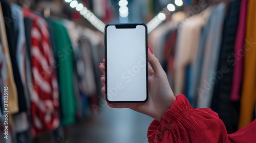 smartphone with a white screen and the background is Clothing Store Visual Search Integration