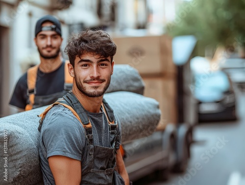 Scene of cargo Full length of young male movers carrying sofa outside truck on street furniture loading